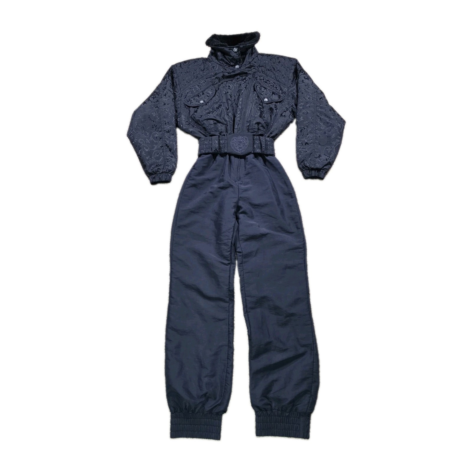 VTG NILS Skiwear Snowsuit 8 Black Damask Floral One Piece Jumpsuit USA Made