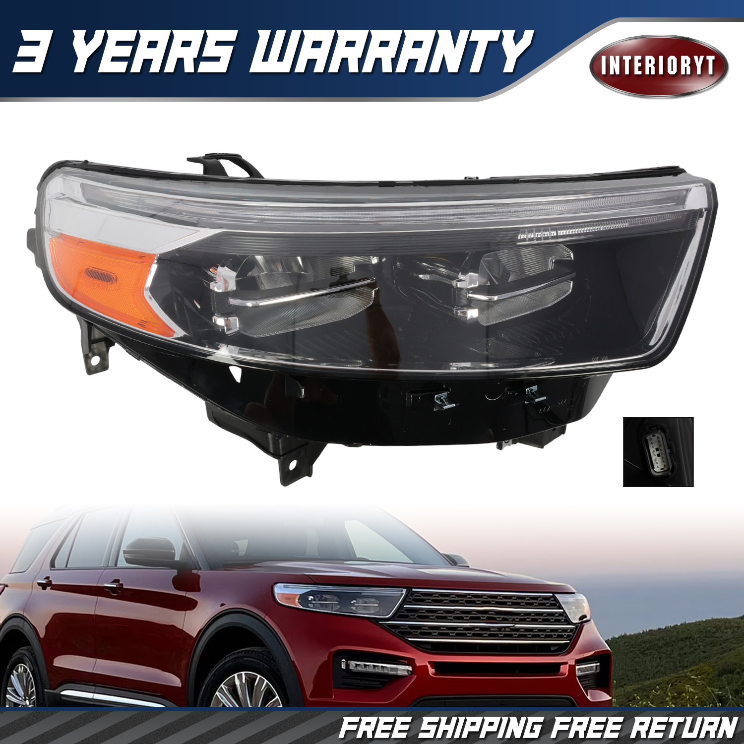 Passenger Side Chrome LED Headlight For Ford Explorer 2020-2024 w/ Bulbs DRL