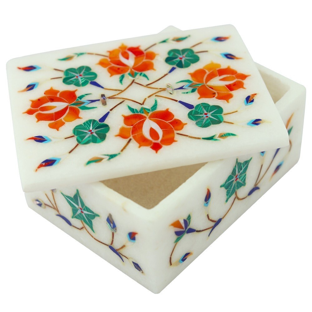 Semiprecious Stones Marble Inlay Jewelry Box Rectangle
