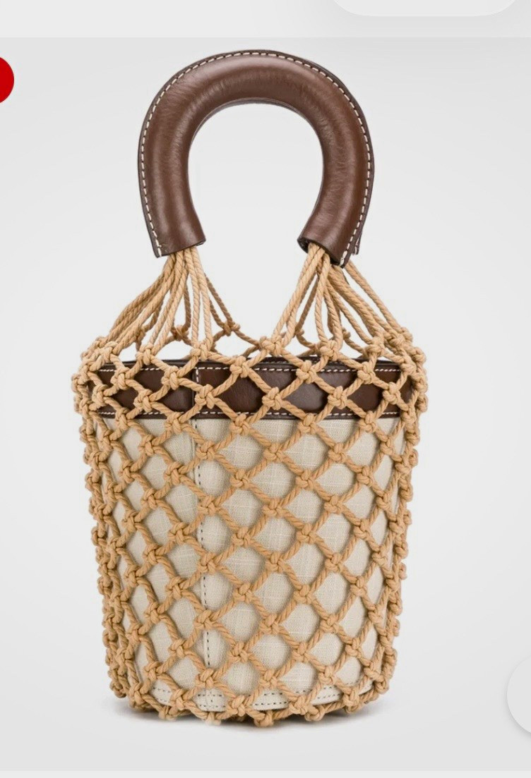 STAUD Moreau Small Beige/Brown Crochet Net Bucket Bag Brown Leather Top Handle STAUD Moreau Small Beige/Brown Crochet Net Bucket Bag Brown Leather Top Handle