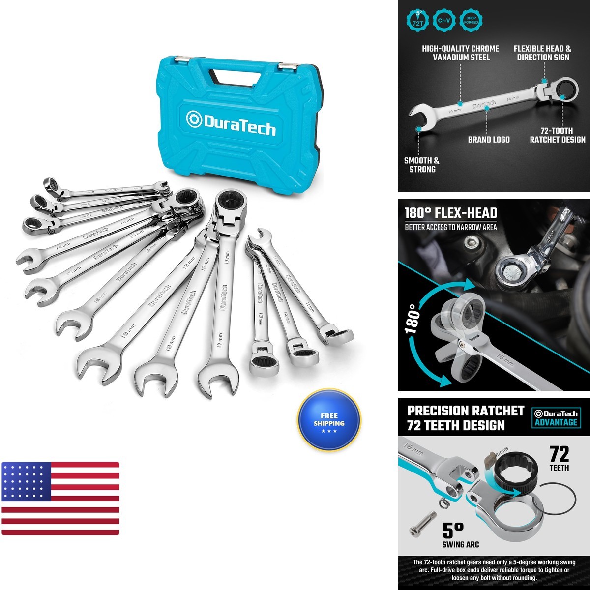DURATECH 12-Piece Flex-Head Ratcheting Combination Wrench Set Metric