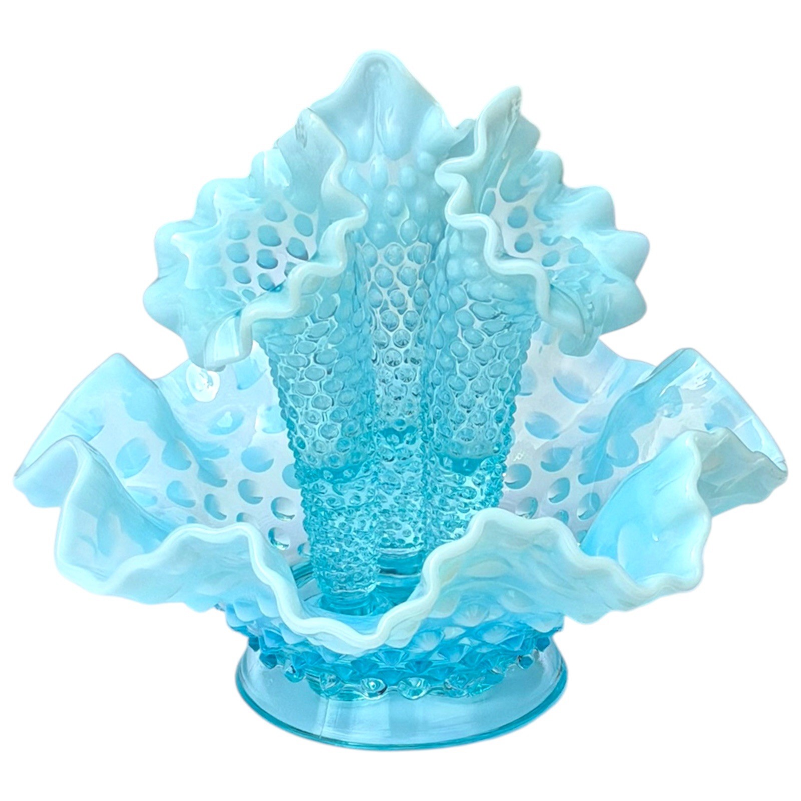 Vtg Fenton Hobnail Epergne Vase Centerpiece Blue Opalescent 3Horn Ruffled Fluted Vtg Fenton Hobnail Epergne Vase Centerpiece Blue Opalescent 3Horn Ruffled Fluted