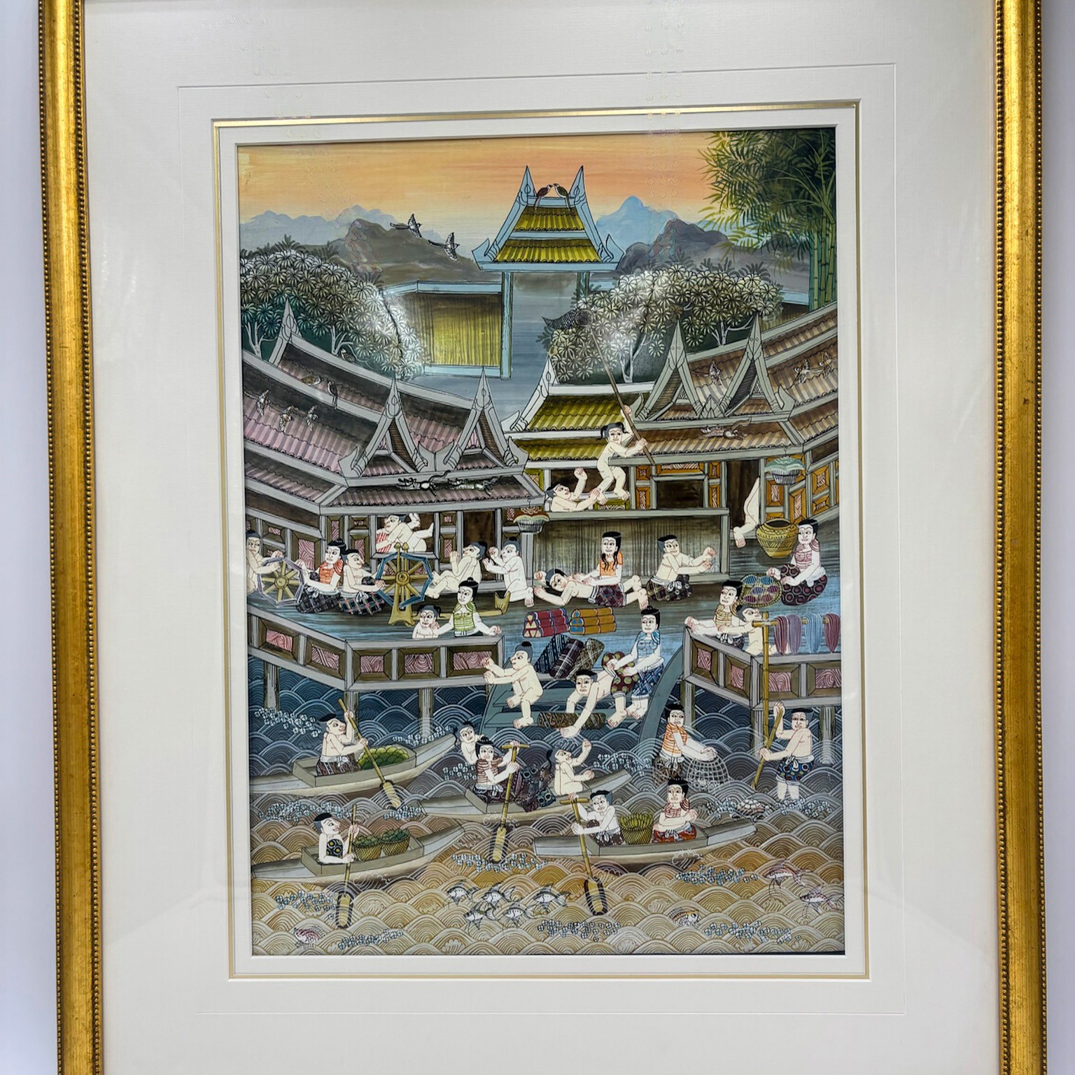Vintage Thai Painting Traditional Thailand Village Temple River Scene Framed Art