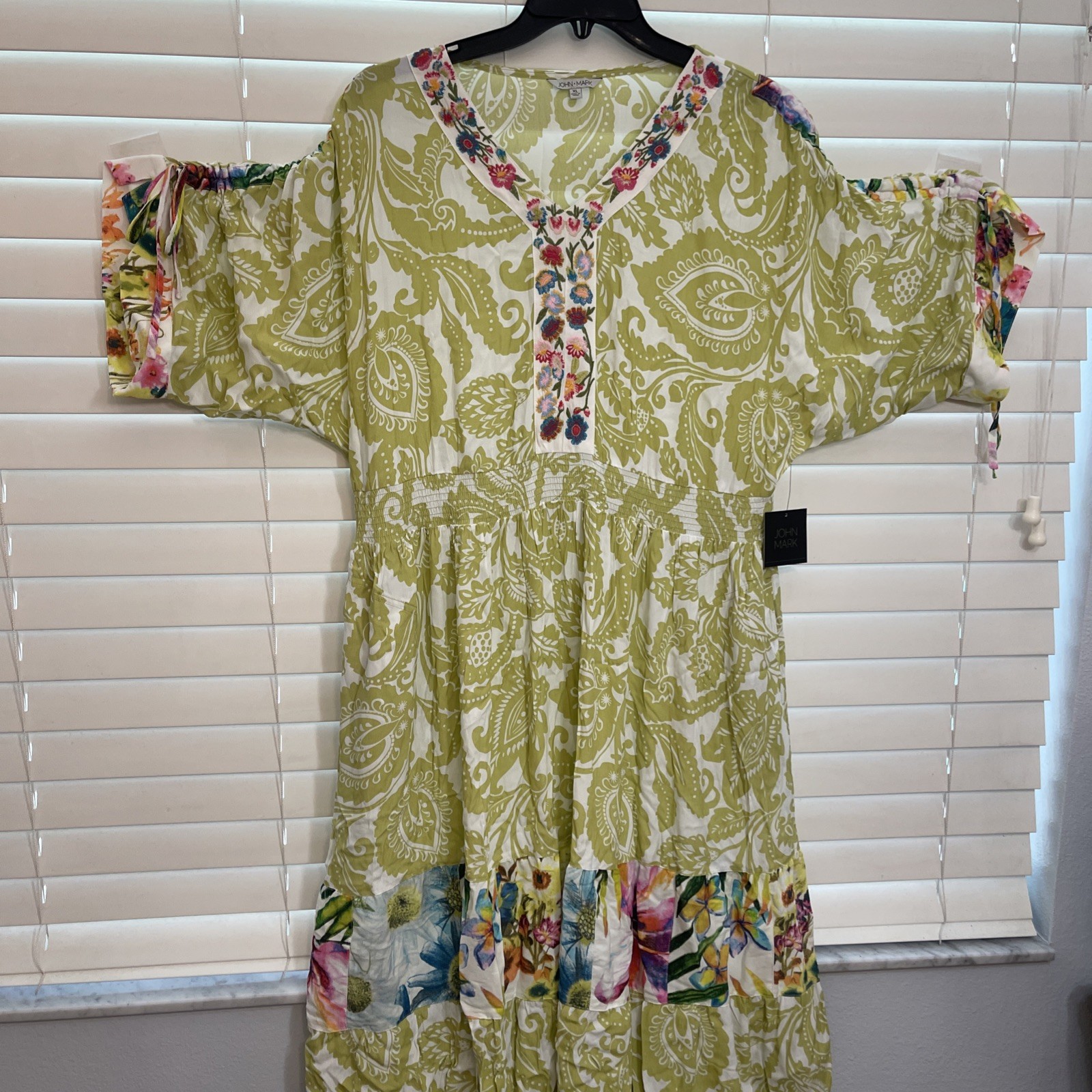 John Mark Floral Print Embroidered Midi Dress V Neck Flowing Comfort John Mark Floral Print Embroidered Midi Dress V Neck Flowing Comfort
