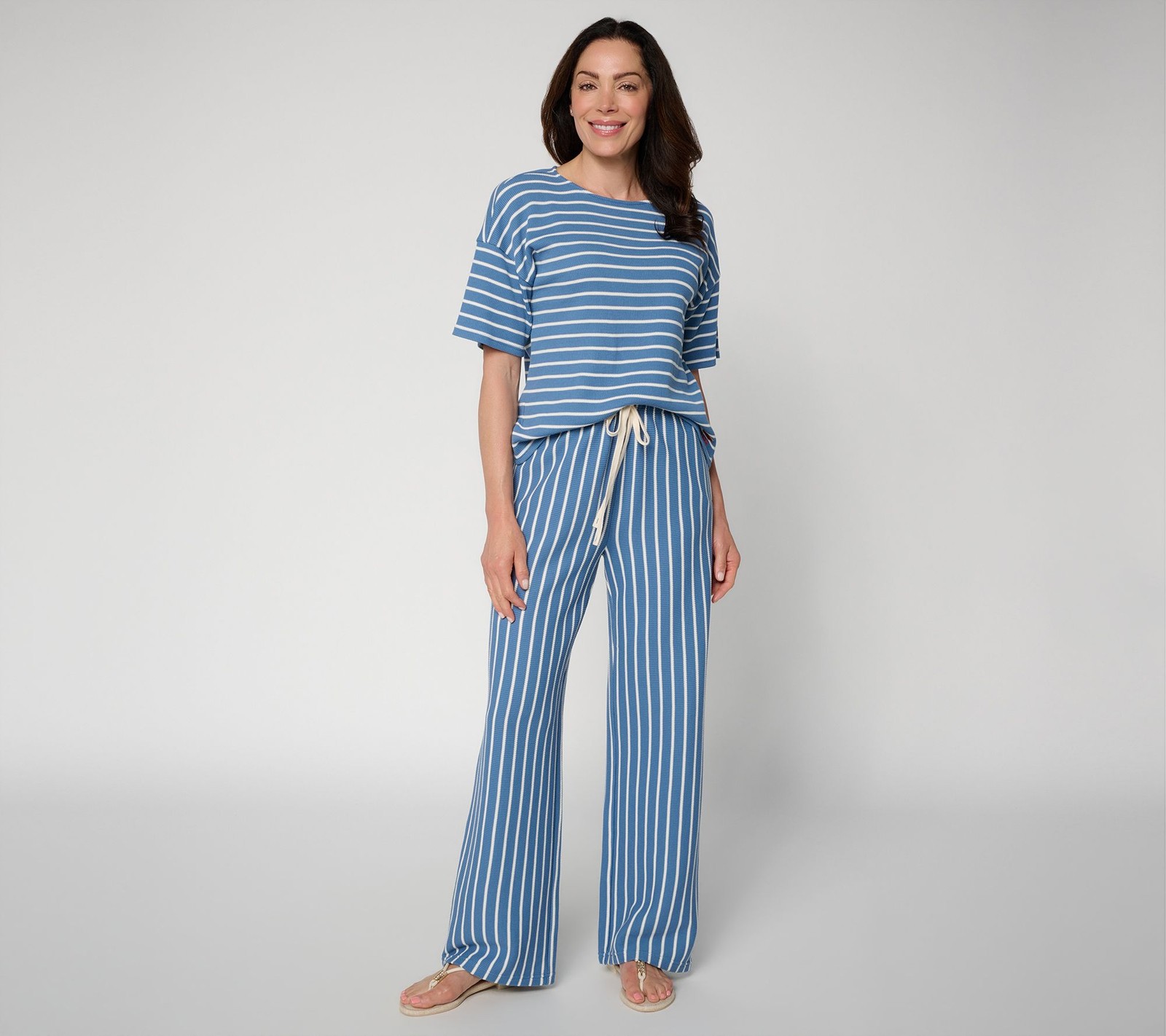 Peace Love World Regular Honeycomb Knit Top and Pant Set Chambray Stripe L New Peace Love World Regular Honeycomb Knit Top and Pant Set Chambray Stripe L New