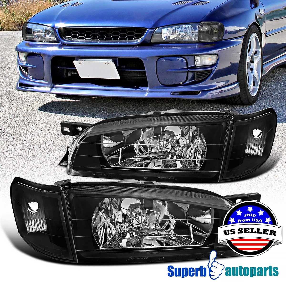Fits 1995-2001 Subaru Impreza Black Headlights+Corner Turn Signal Lamps