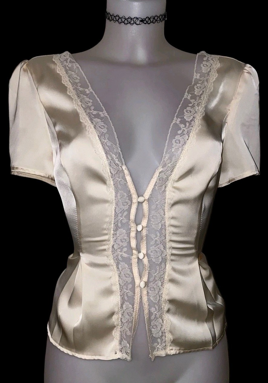 Y2k 90s Womens Victorian Champagne Mesh Lace Sheer Top Sz M Whimsigoth Coquette Y2k 90s Womens Victorian Champagne Mesh Lace Sheer Top Sz M Whimsigoth Coquette