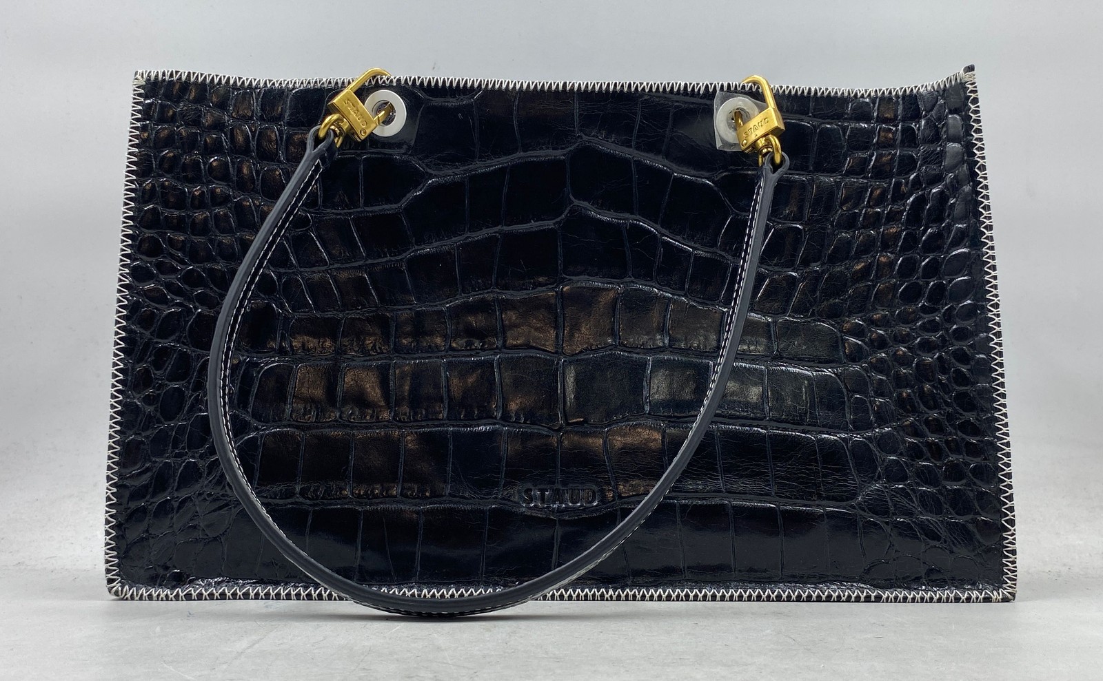 Staud Black Croc Embossed Leather Shirley Tote Gold Hardware White Stitching