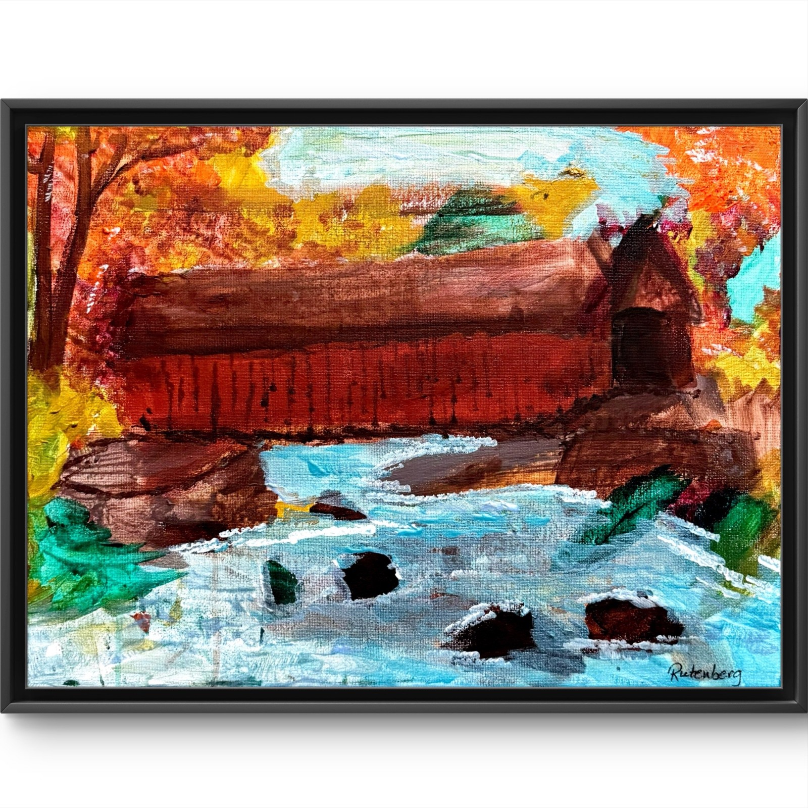 Rutenberg Original 12x16 Impressionist Red Covered Bridge Painting Canvas 140