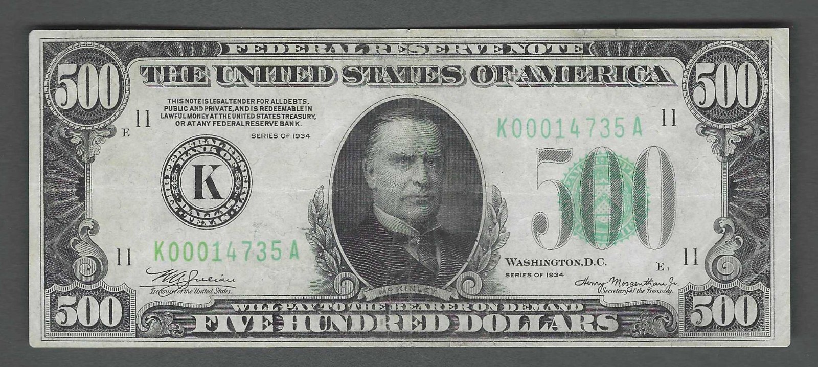 $500 1934 BETTER DALLAS District VF+ Federal Reserve Note