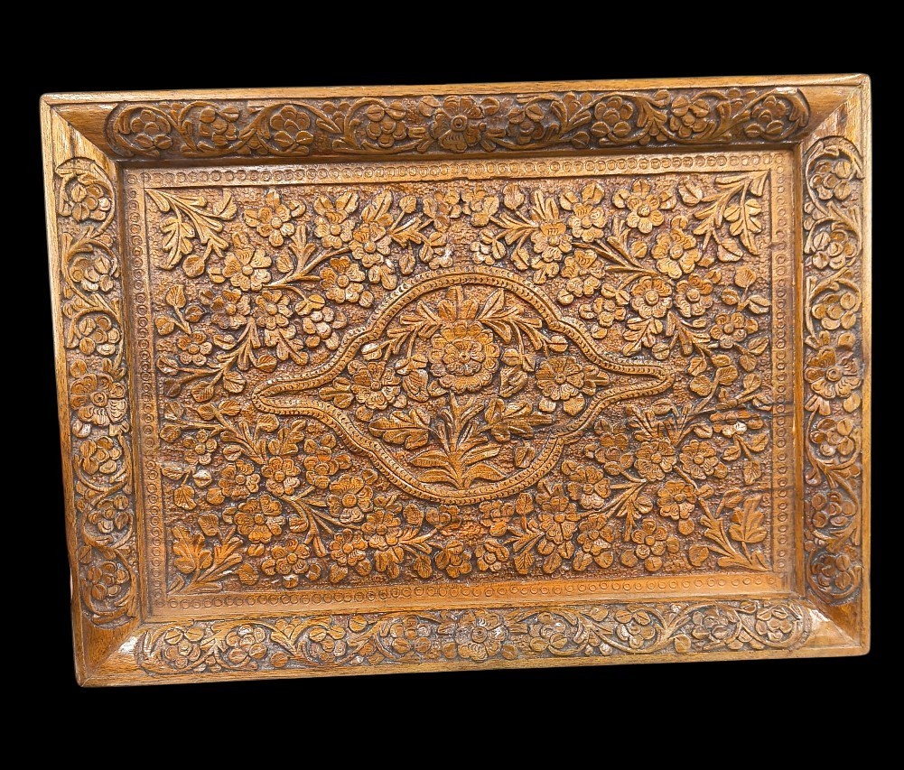 Vintage Ornate Hand Carved Wooden Tray Plaque Floral Bas Relief Signed Wall Art