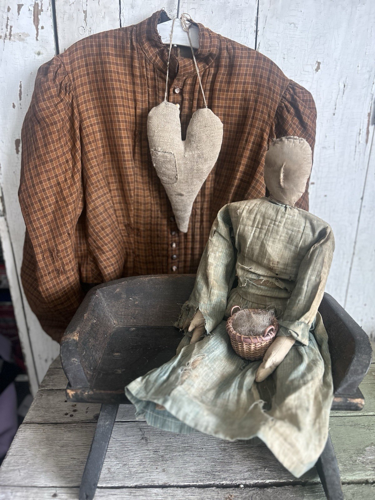 Antique Primitive Homespun Folky Rag doll, Vintage Basket And Childs Wagon Seat Antique Primitive Homespun Folky Rag doll, Vintage Basket And Childs Wagon Seat