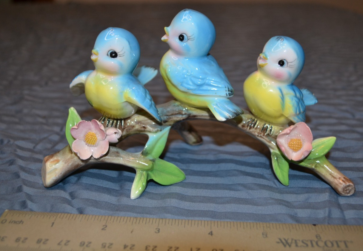 Vintage Norcrest Japan Three Singing Blue Birds on Branch Figurines Vintage Norcrest Japan Three Singing Blue Birds on Branch Figurines