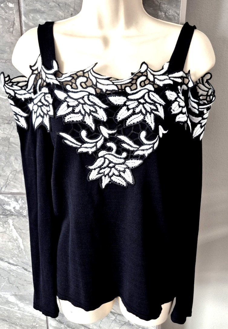 INC International Concepts S Open Shoulder Black/White Embroidered Lace KNIT TOP