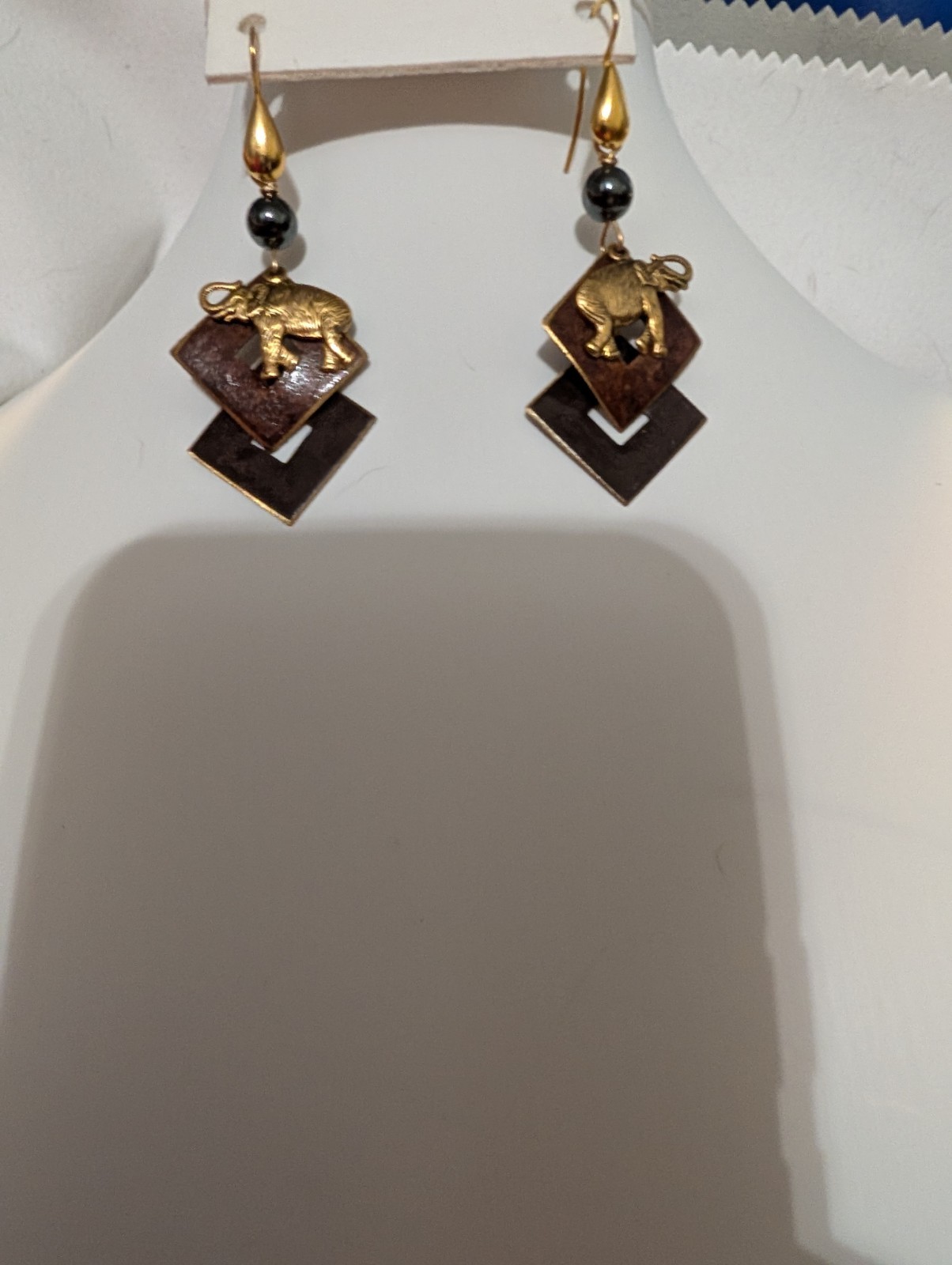 Vintage 1990s Artisan Elephant Dangle Earrings Brown Metal Geometric Boho