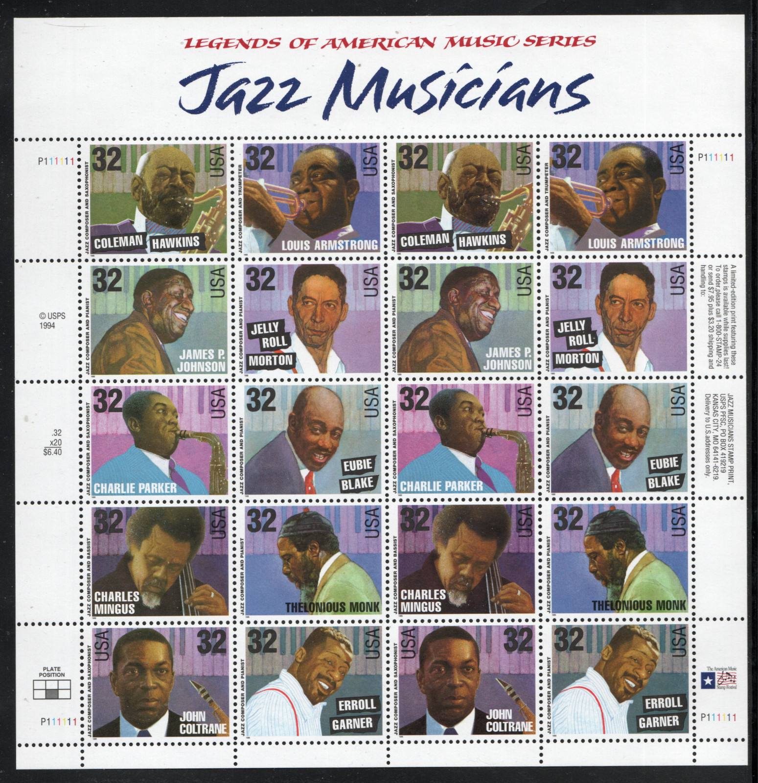 ALLY\'S STAMPS US Scott #2983-92 32c Jazz Musicians Pane [20]  MNH [FP-4]