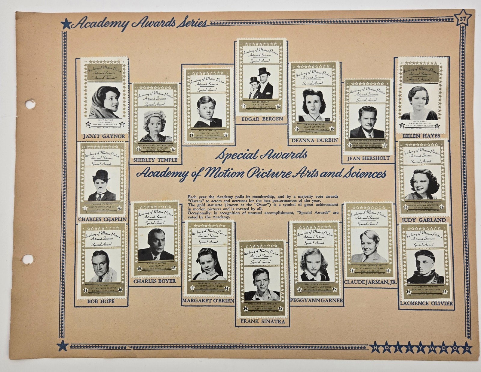 1947 Hollywood Stamps of the Stars Academy Awards Series Complete Set of 16