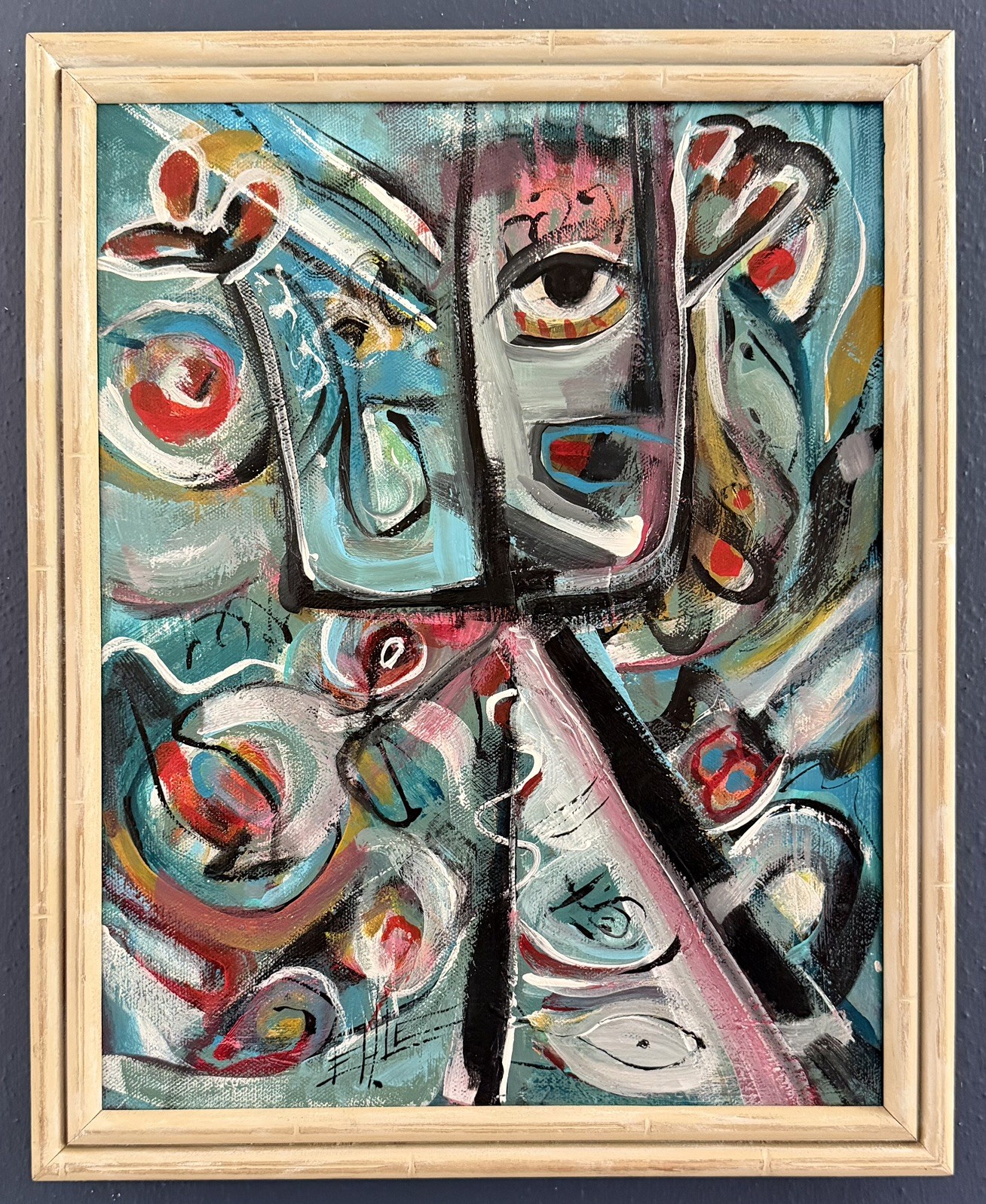 Mid Century Modern Style Abstract Surrealism Painting Vintage Frame By Ehle