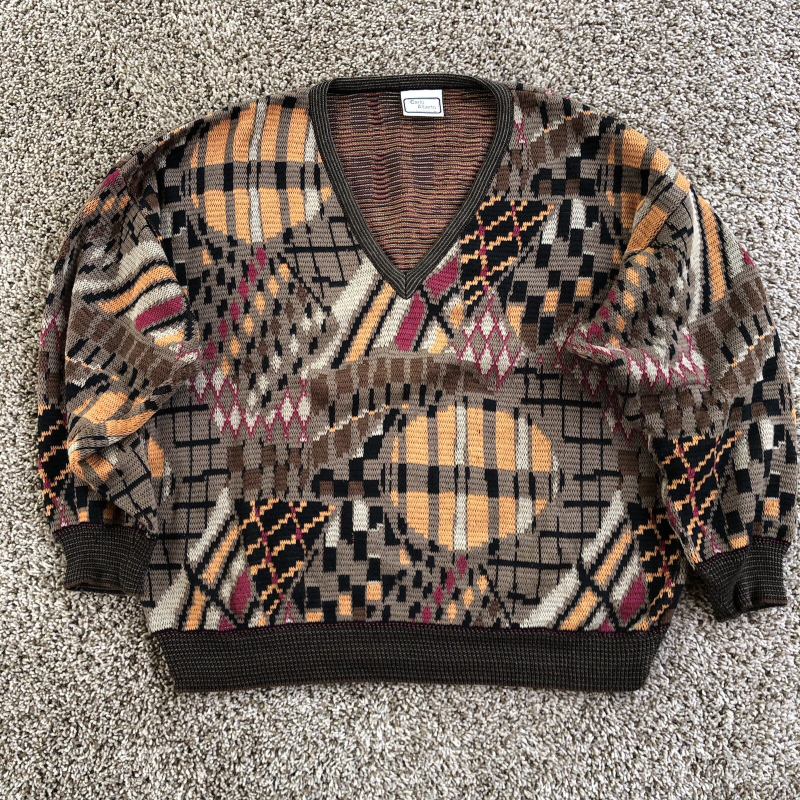 Carlo Alberto Abstract 3D Knit V Neck Pullover Sweater Size L Made In Australia Carlo Alberto Abstract 3D Knit V Neck Pullover Sweater Size L Made In Australia