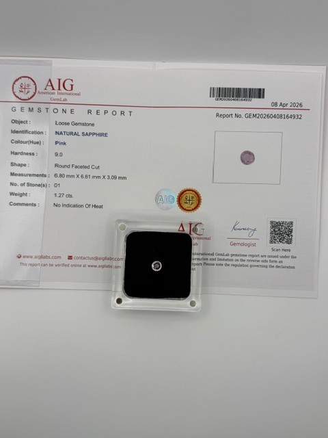 AIG Certified 1.27 Ct Natural Pink Sapphire Unheated Round Loose Gemstone