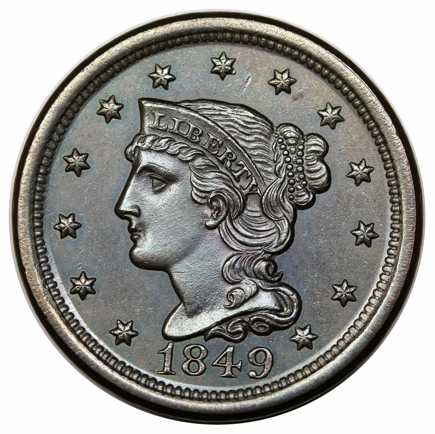 1849 Braided Hair Large Cent, N-22, prooflike