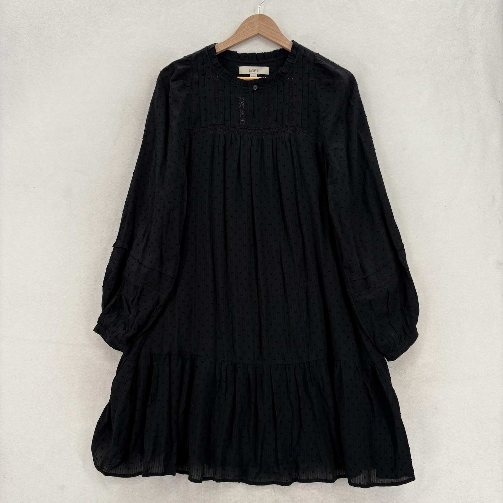 LOFT Dress Womens M Black Swiss Dot Long Sleeve Trapeze Ruffle Hem Lined NWT