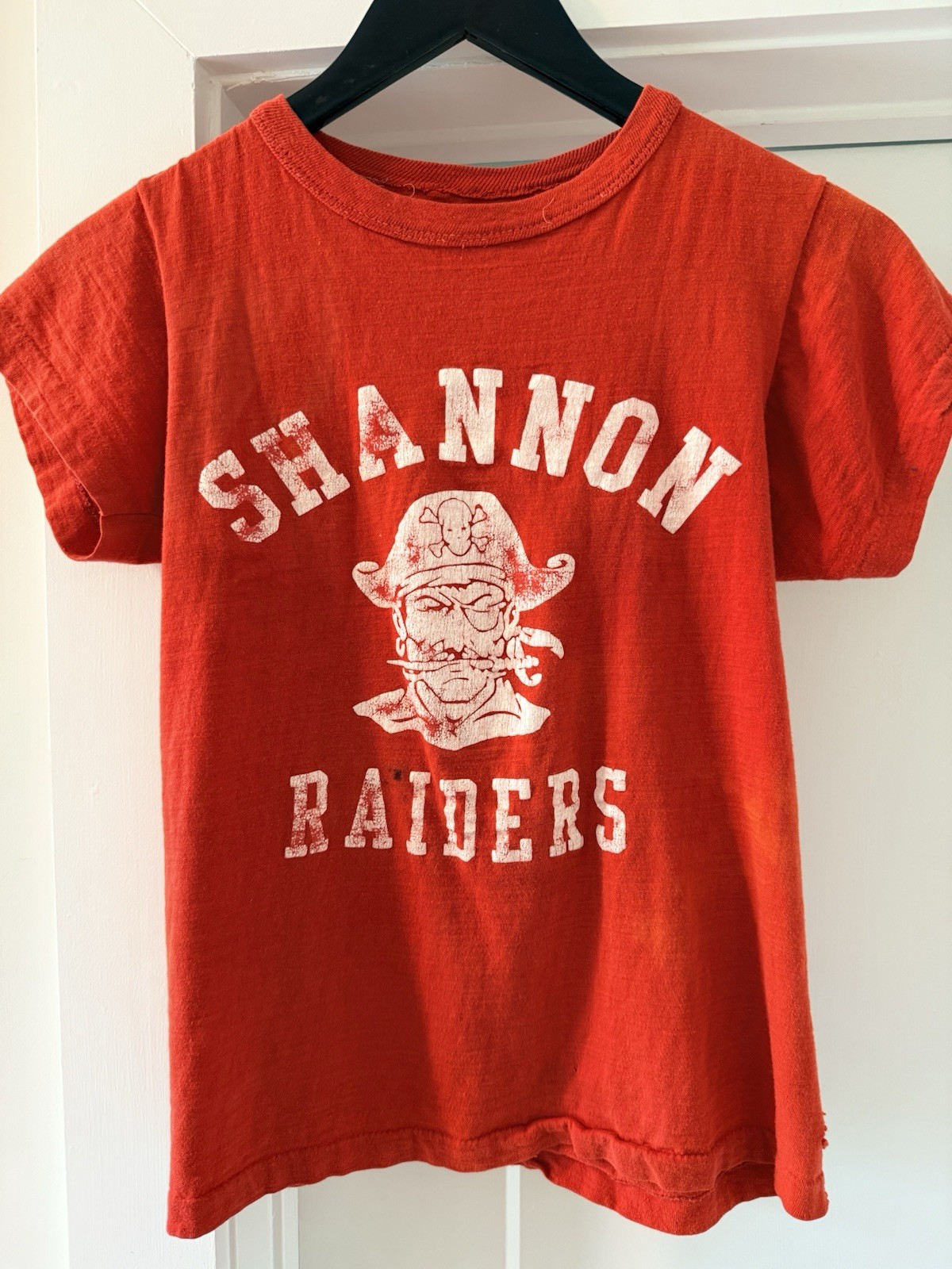 Vintage 1950s Shannon Raiders Pirate Mascot Distressed Flocked College T Shirt Vintage 1950s Shannon Raiders Pirate Mascot Distressed Flocked College T Shirt
