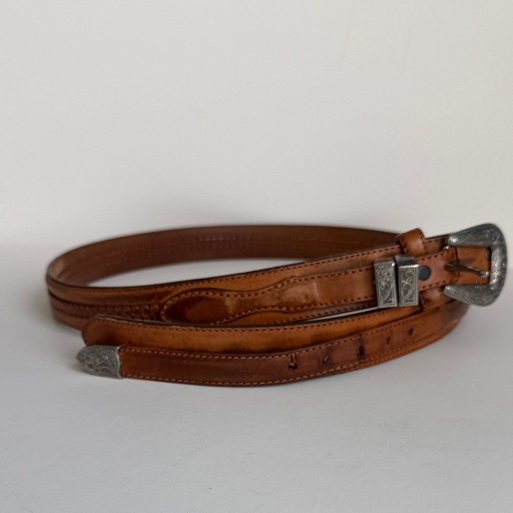 Vintage Tony Lama Brown Leather Belt with Silver Buckle size 36 Y2K