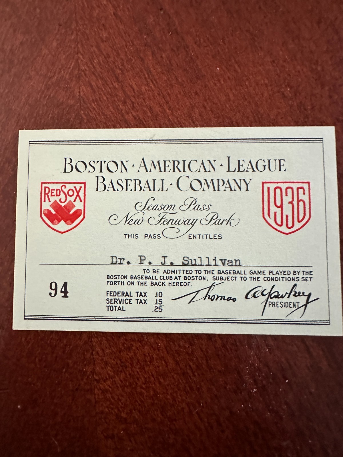 Vintage unique 1936 Boston Red Sox season pass - mint condition Vintage unique 1936 Boston Red Sox season pass - mint condition
