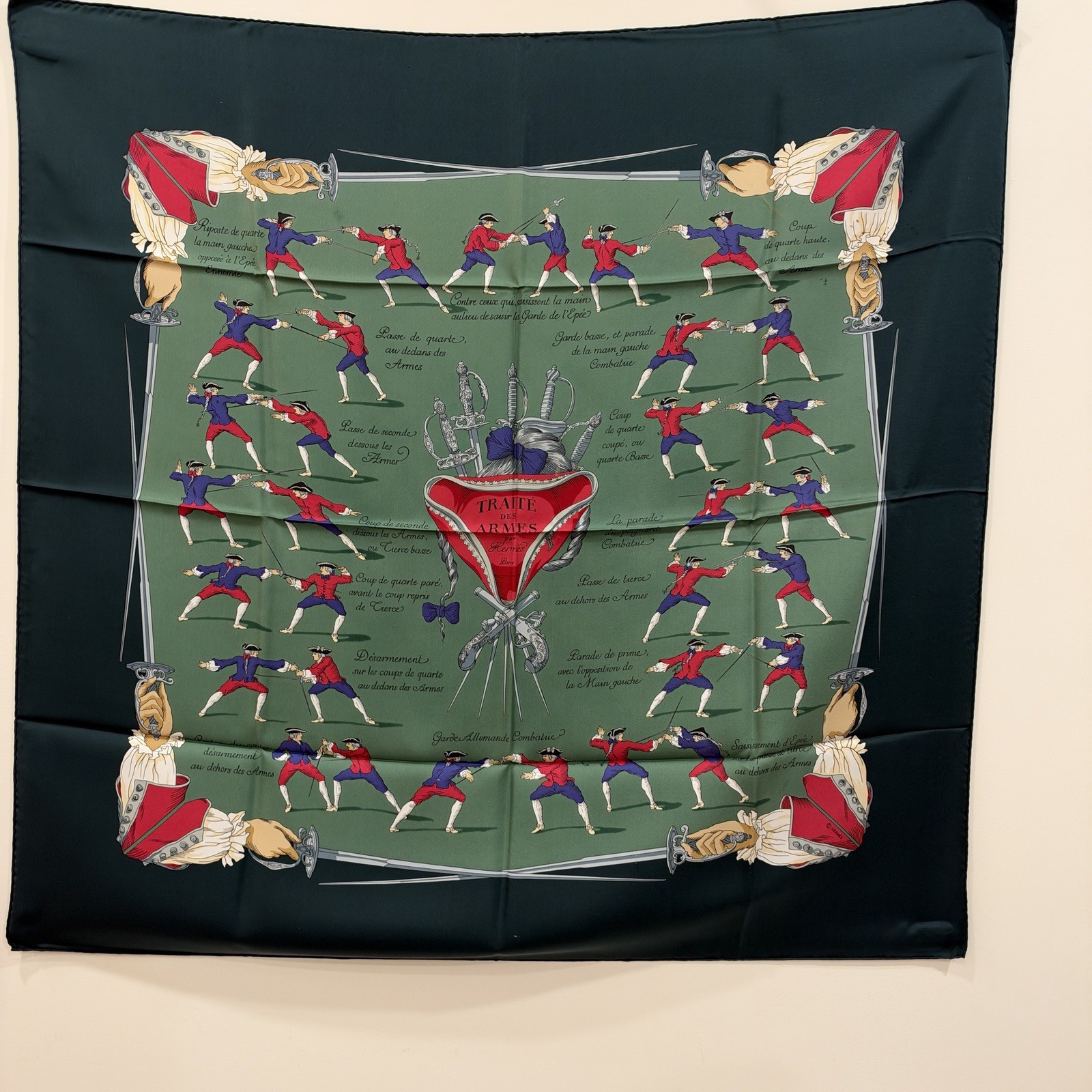 Hermès Traites Des Armes Military Fencing Silk Scarf 90 Border, Green , used