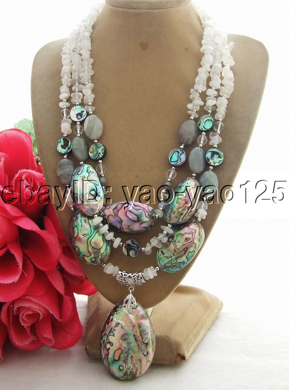 3rows white Moonstone Abalone Shell labradorite Necklace 18