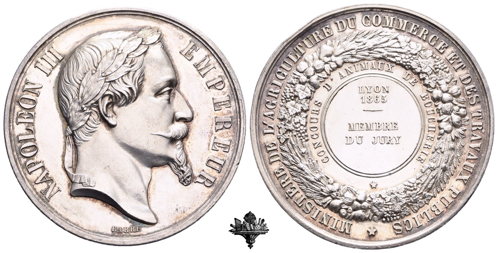 FRANCE Napoleon Lyon III Concours d\'animaux butcherie 1865 SILVER Medal