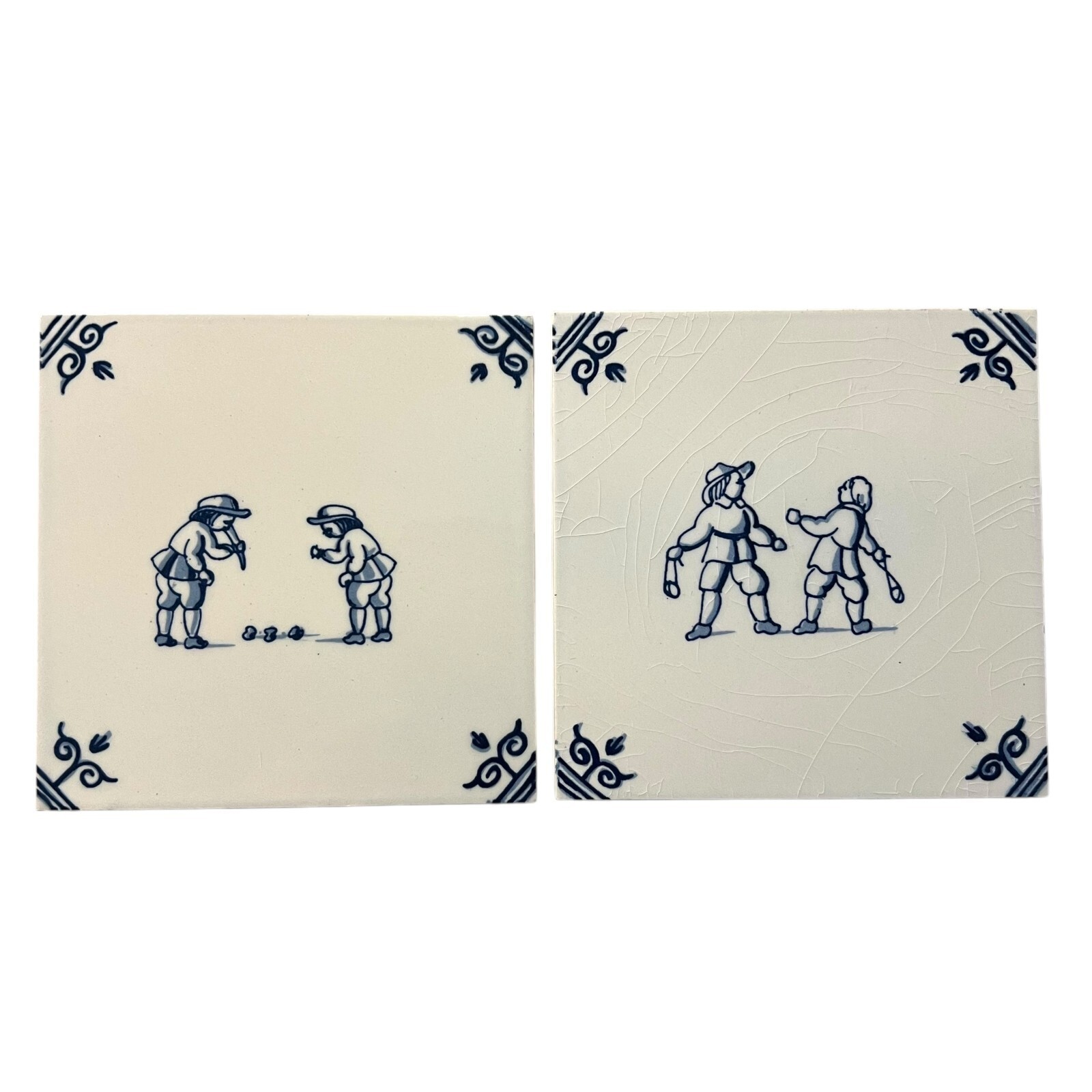 VTG Delft Blue Holland Decorative Ceramic Tiles Hand Painted Children Lot of 2