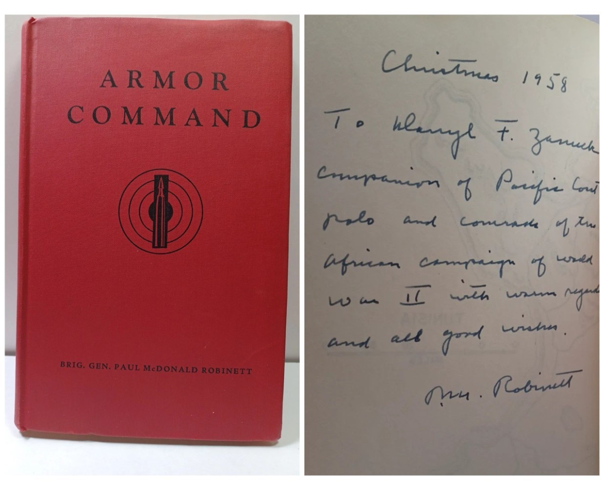 1958 Armor Command Gen Paul Robinett Signed to Darryl F. Zanuck Book JRR49