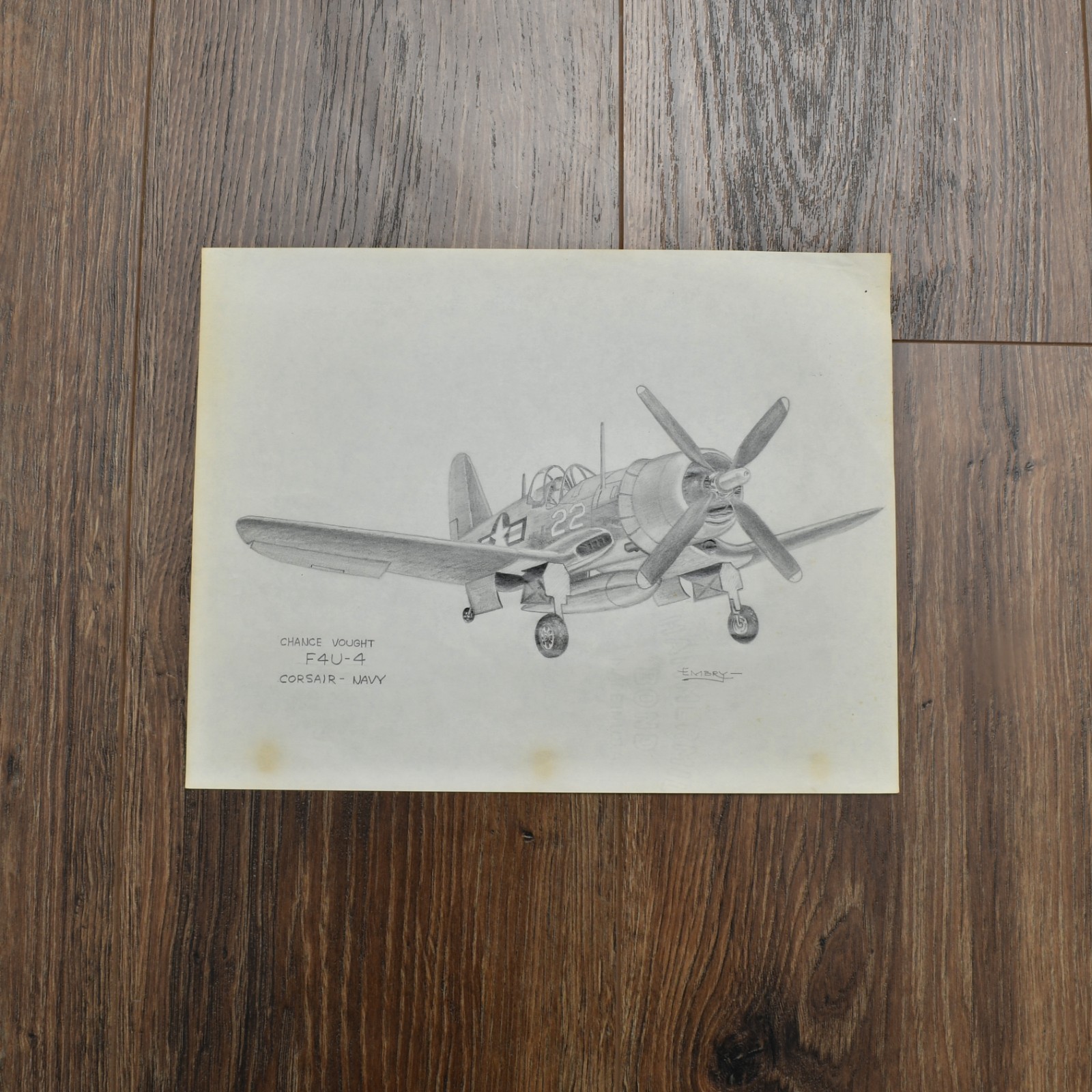 Chance Vought F4U-4 Corsair original pencil drawing WWII fighter plane Embry Chance Vought F4U-4 Corsair original pencil drawing WWII fighter plane Embry