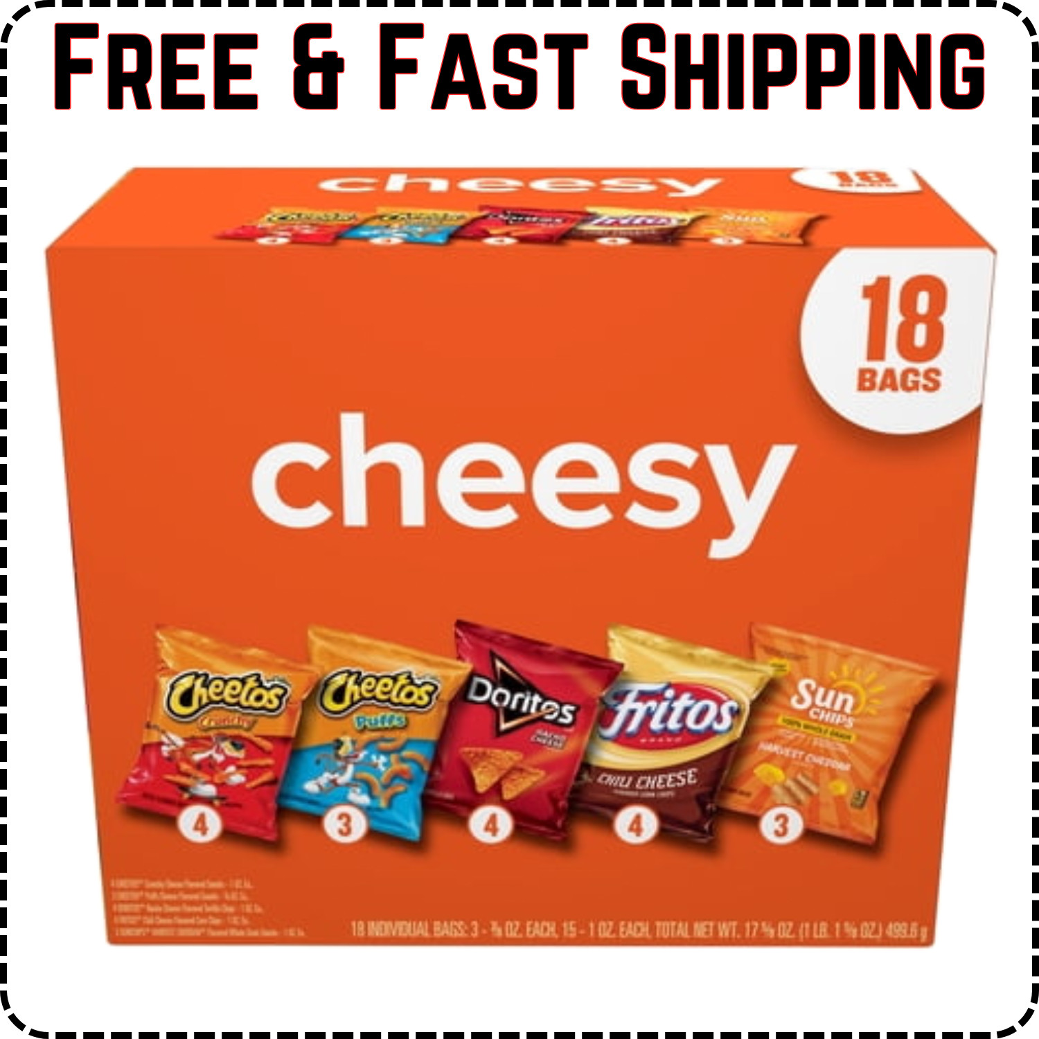 Frito-Lay Cheesy Snack Chips Variety Pack, 18 Count Multipack Box New