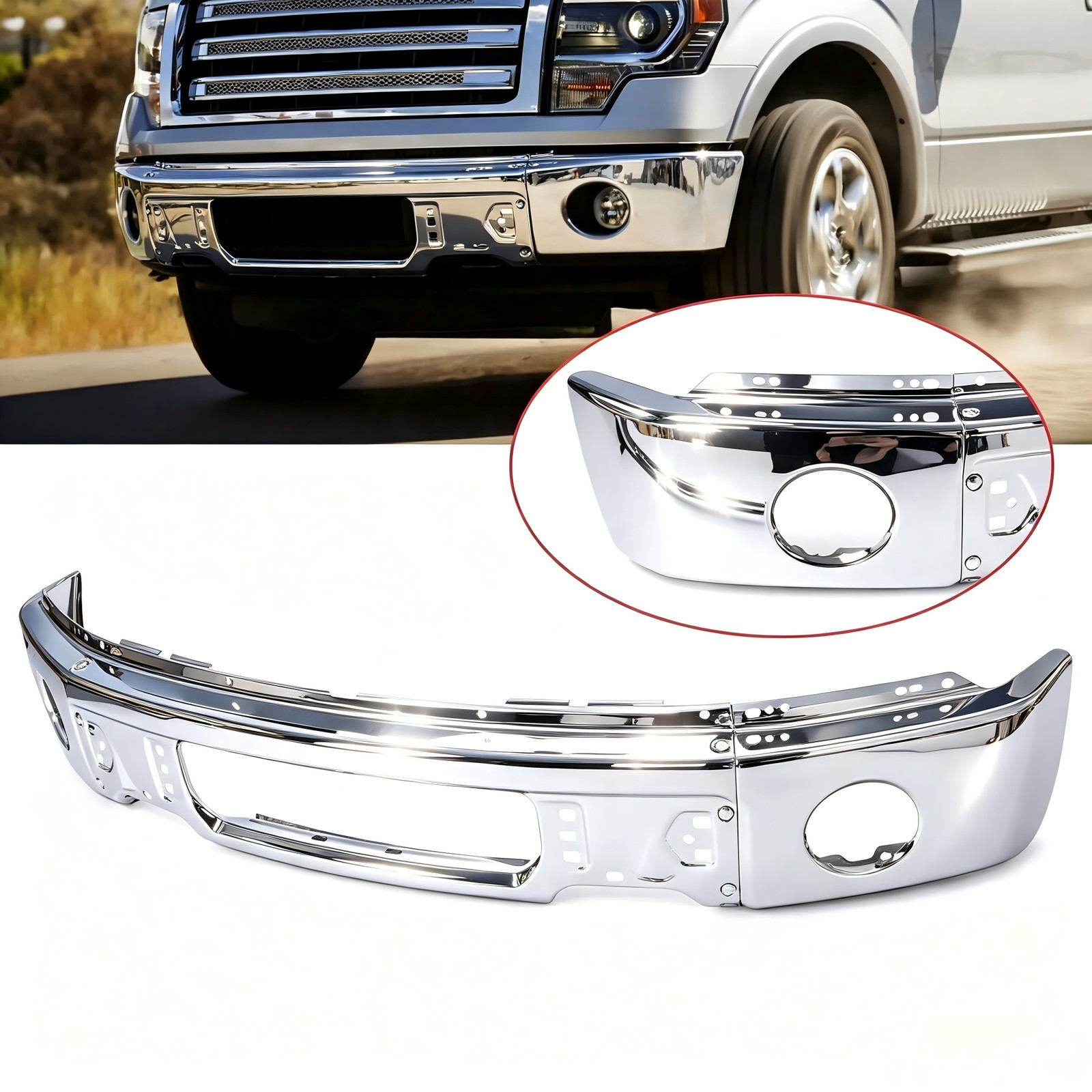 Fit For 2009-2014 Ford F150 NEW Chrome Steel Front Bumper Face Bar w/Fog Hole