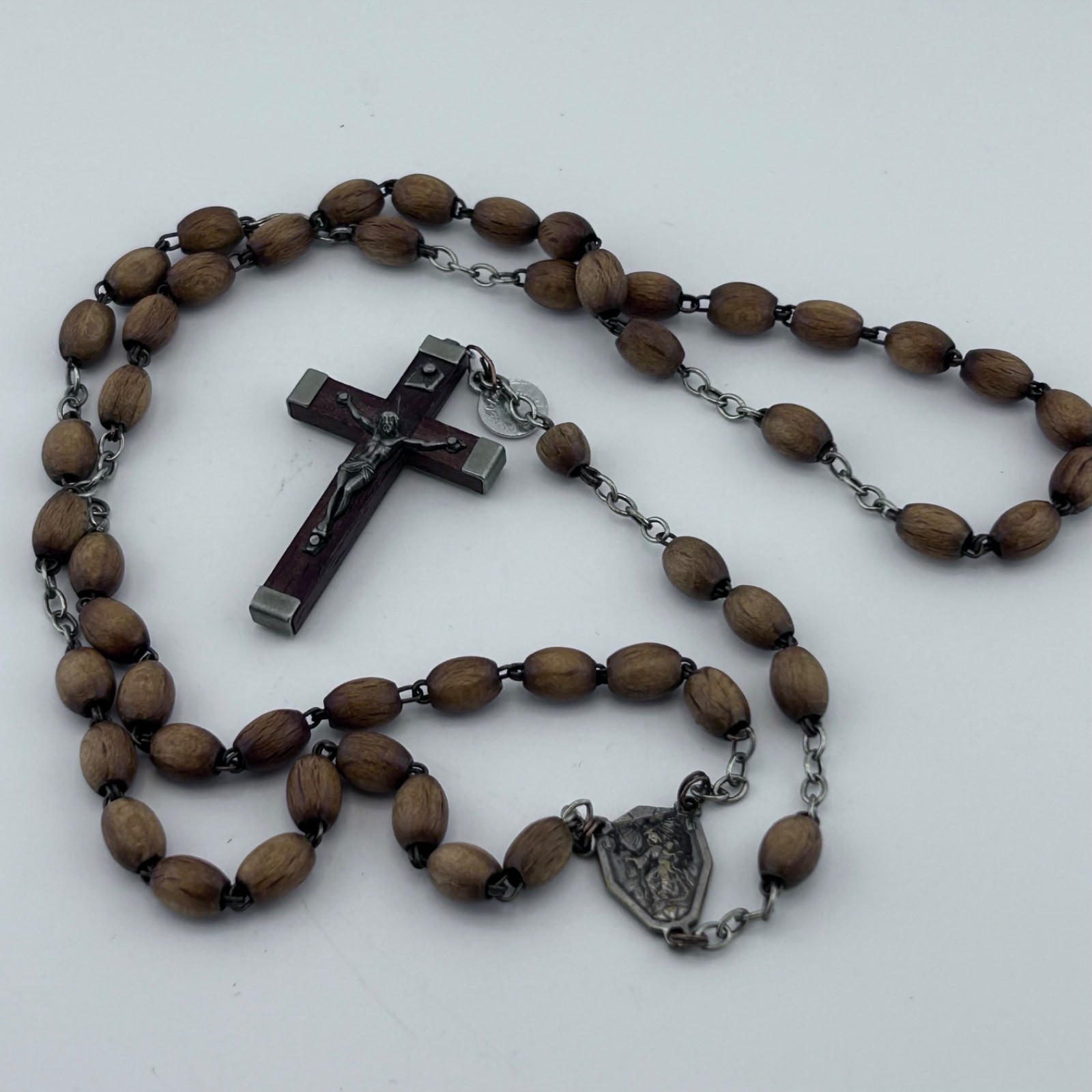 Vintage French Wood Rosary Beads Catholic Marian Center Metal Necklace