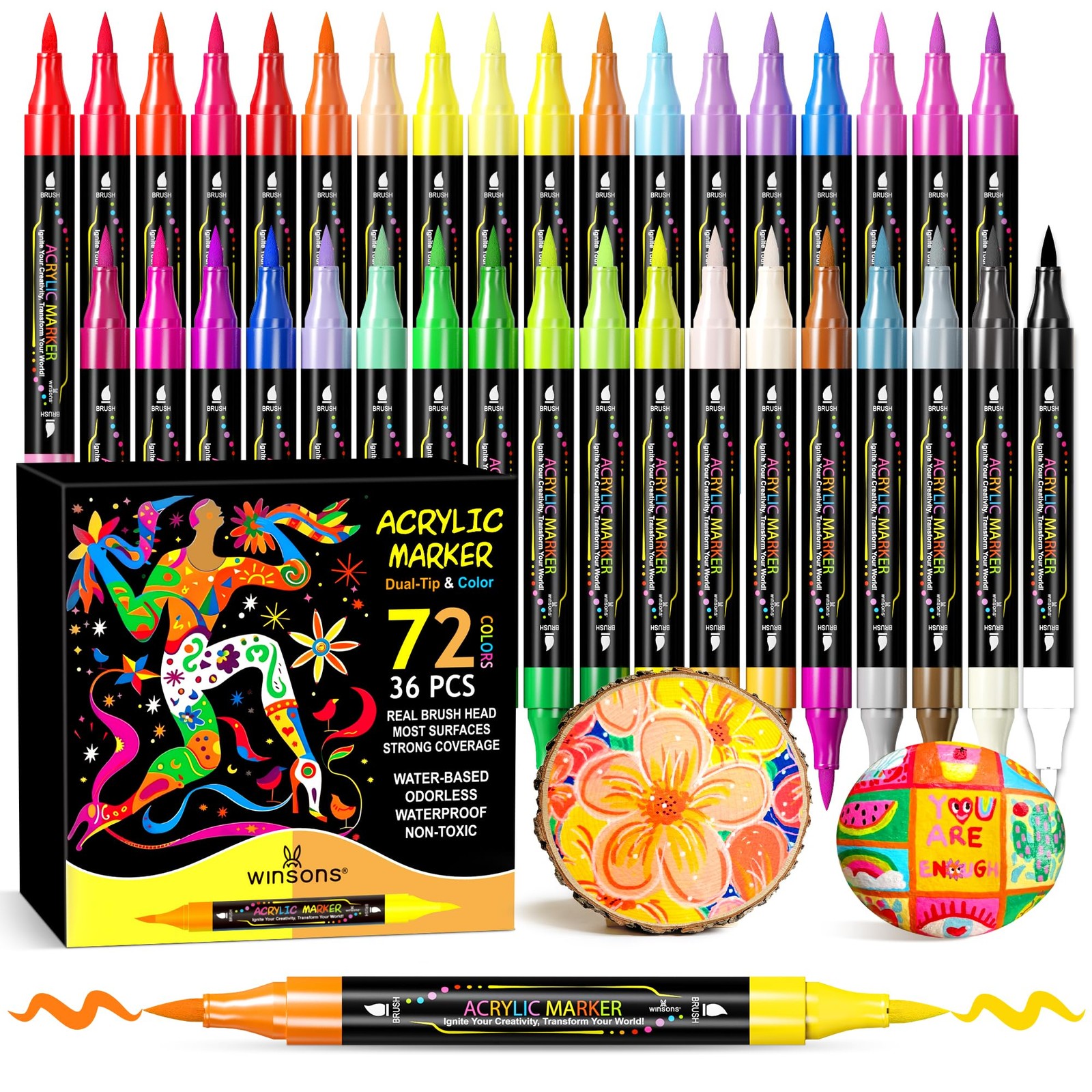 WINSONS 72 Colors Dual Tip Acrylic Paint Pens Markers, 36 Set Permanent Acryl... WINSONS 72 Colors Dual Tip Acrylic Paint Pens Markers, 36 Set Permanent Acryl...