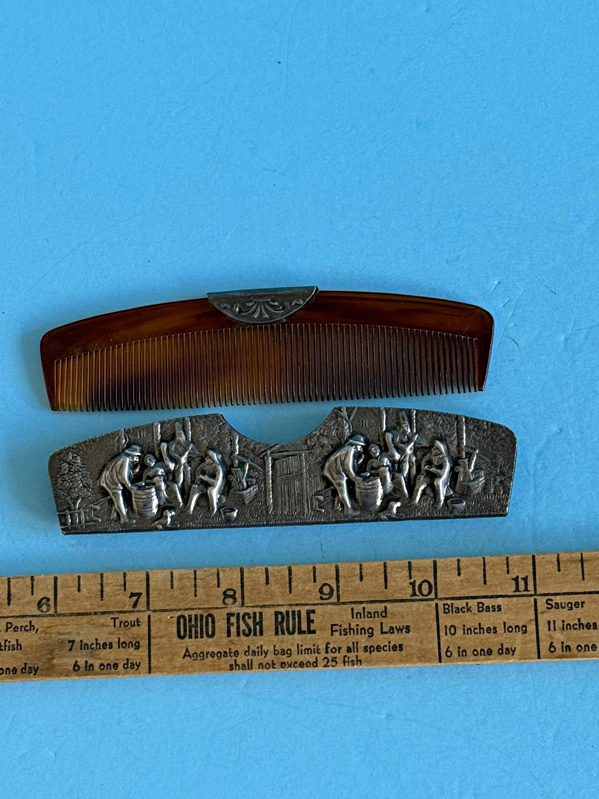 Vintage Faux Tortoise Shell Comb in Silver Plate Repousse Case Made in Denmark Vintage Faux Tortoise Shell Comb in Silver Plate Repousse Case Made in Denmark