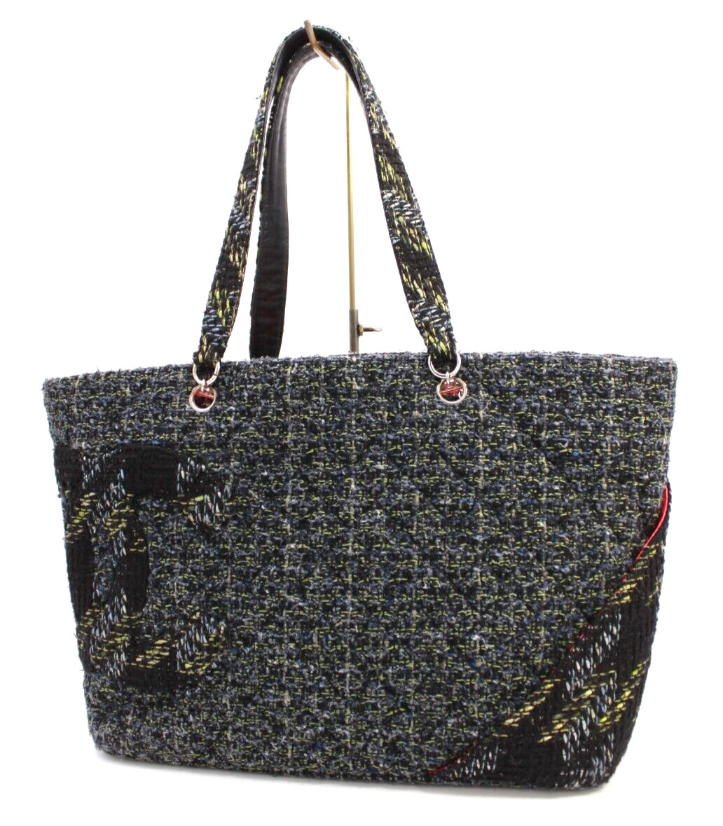 CHANEL Cambon Tweed Shoulder Tote Bag CC Logo Black / Green Classic Authentic