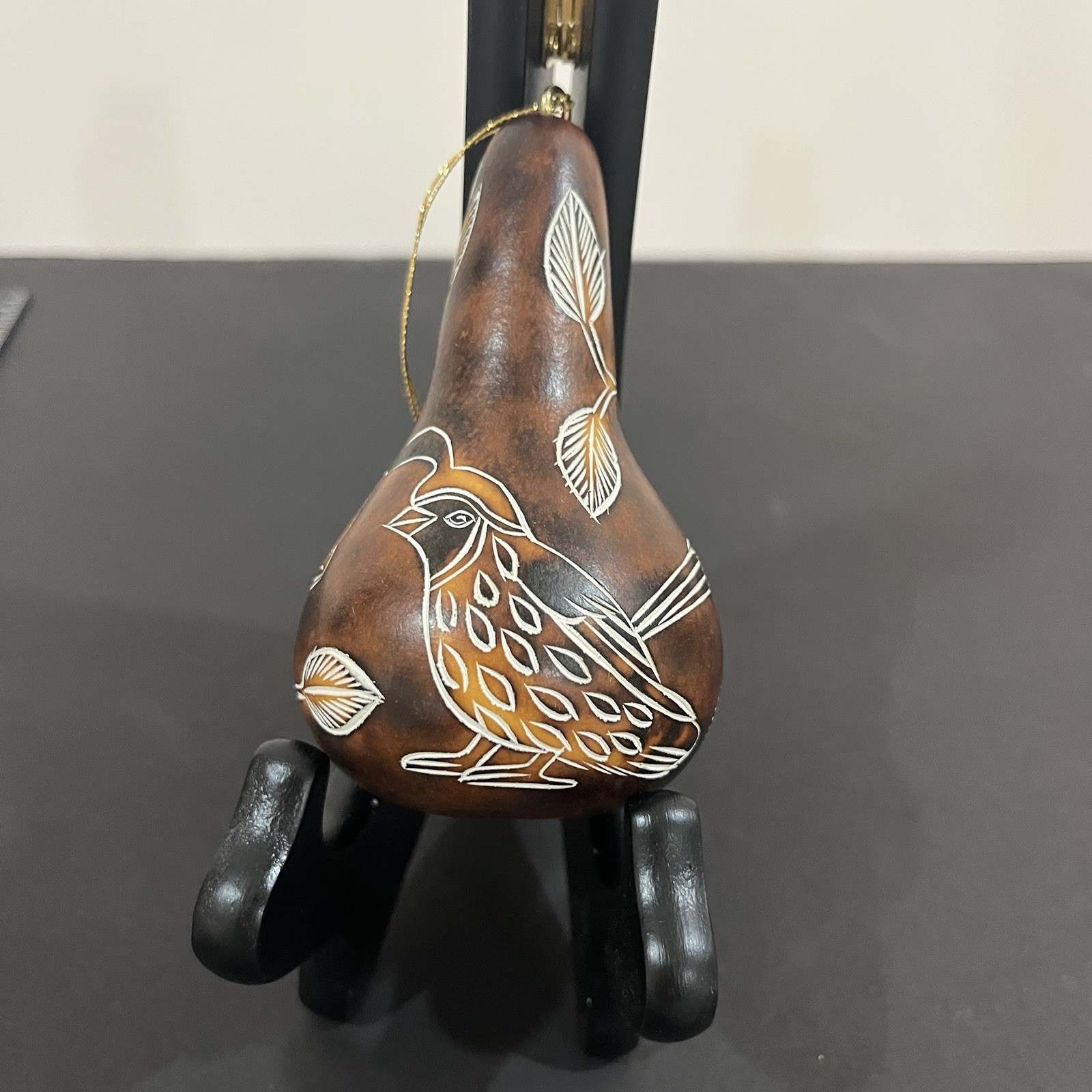 Lucuma Peruvian Quail Bird Ornament Hand Painted Etched Gourd  Rattles