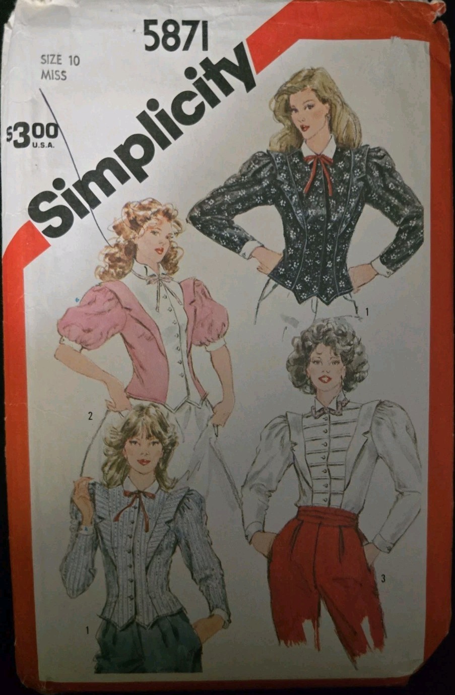 Vintage 1982 Simplicity 5871 Sewing Pattern Misses' Blouse Size 10 UNCUT 