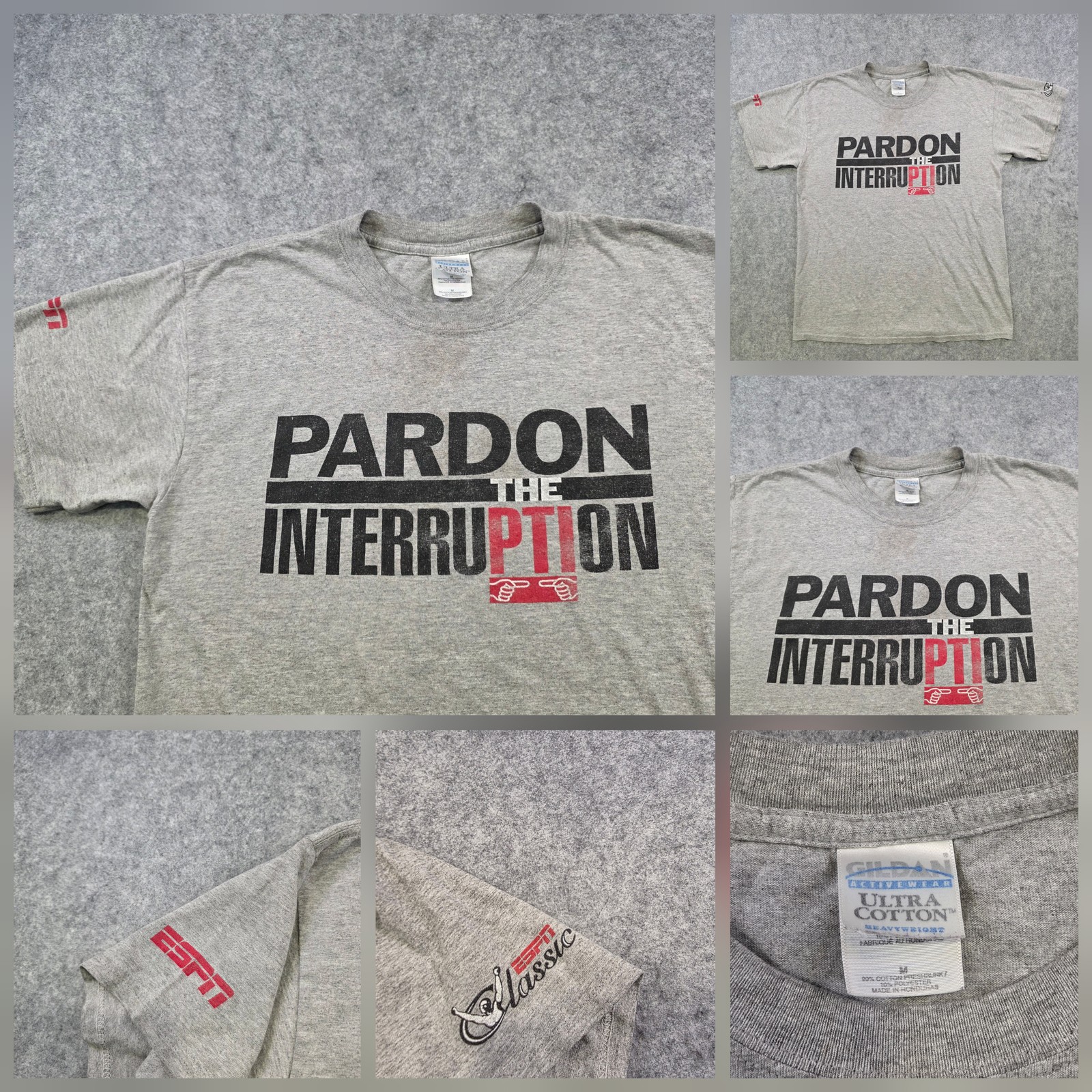 VTG Pardon The Interruption T Shirt Mens Medium Gray ESPN Graphic Gildan Tee