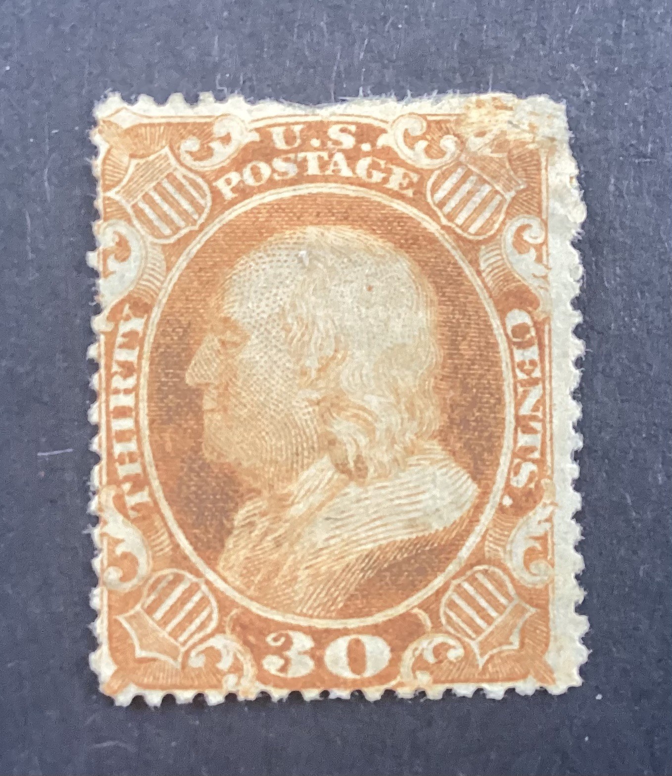 US Scott #38 1860 30¢ Orange Benjamin Franklin Mint- Repair
