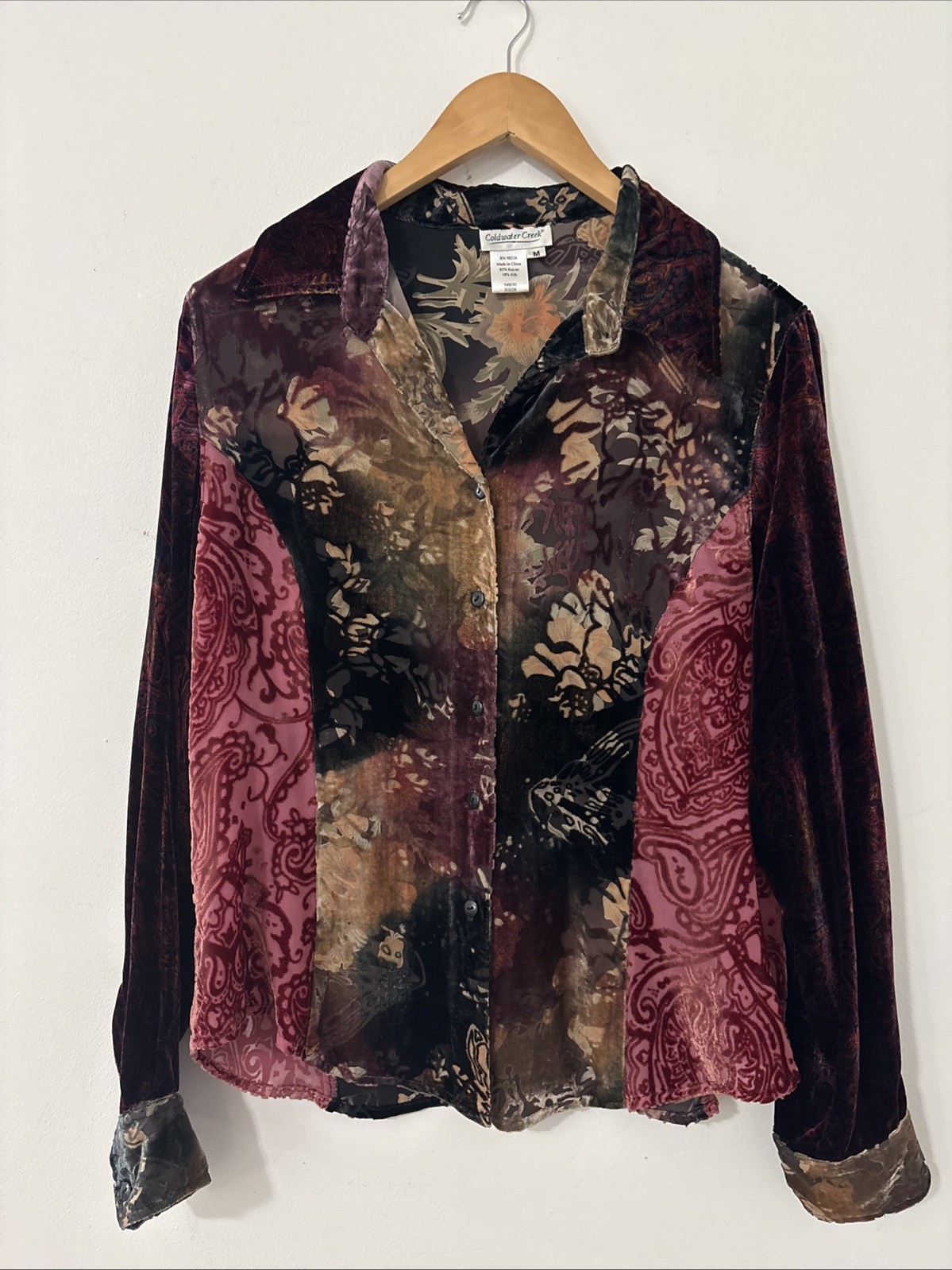 Vtg Coldwater Creek Long Sleeve Multicolor Floral Paisley Velvet Burnout Medium 