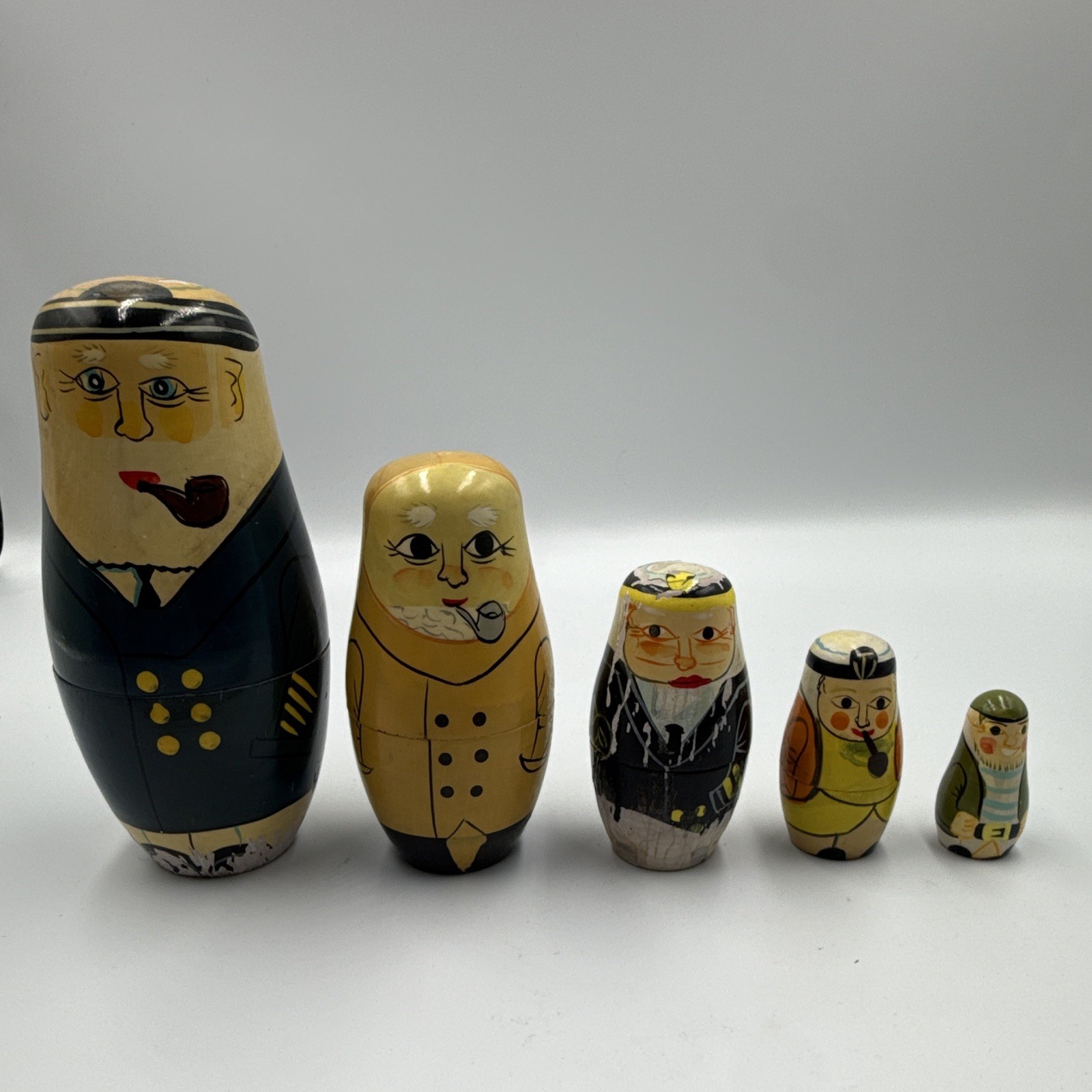 Vintage Russian Nesting Dolls Sea Captain Sailor Matryoshka 5 Pc Set