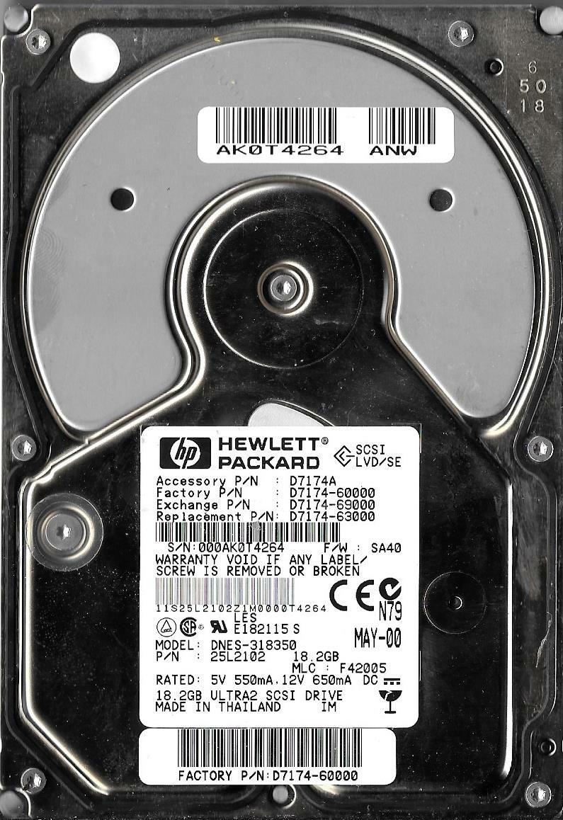HP IBM DNES-318350 18.2GB Ultra 2 SCSI Hard Drive P/N: 25L2102 MLC: F42005 