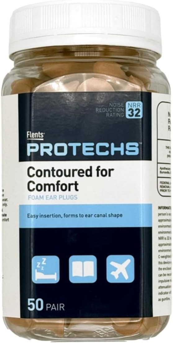 Flents Protechs Disposable Foam Ear Plugs, Contoured for Comfort, NRR 32, Beige