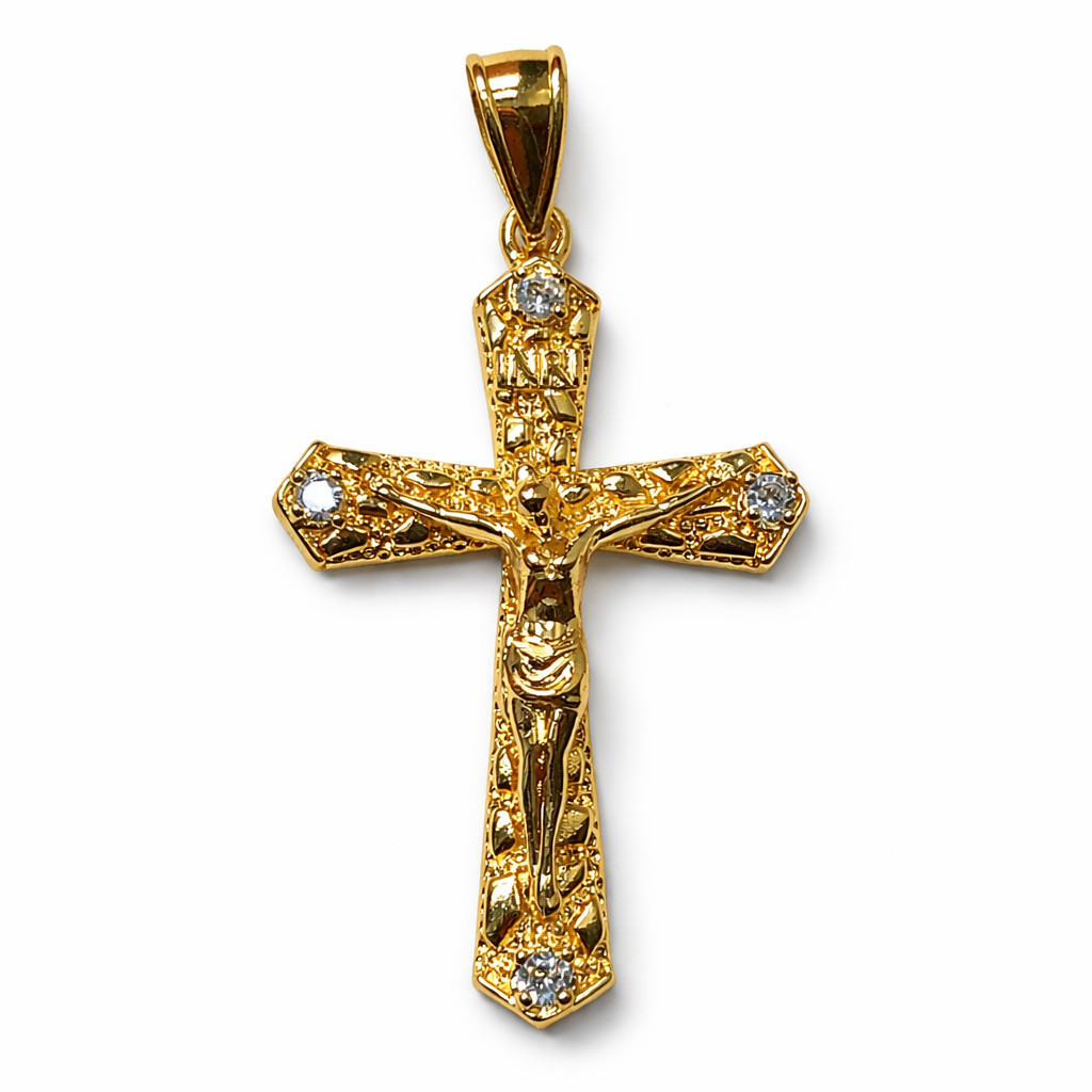 Italian 1/200 14k Yellow Gold Jesus Cross Crucifix Iced CZ Nugget Pendant